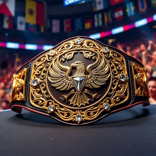 A gleaming championship wrestling belt, adorned with intricate gold filigree. Leather straps, rich and dark, elegantly wrap around a polished centerpiece displaying a fierce eagle emblem. Sparkling gemstones catch the light, highlighting the belt’s prestige. Surrounded by a vibrant arena atmosphere, energetic fans in the background, colorful banners waving proudly.