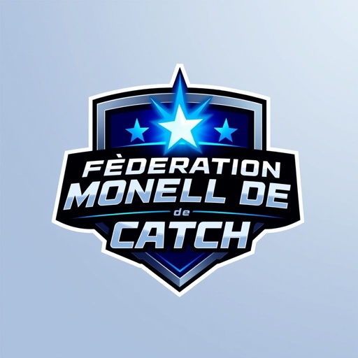 Logo design featuring the Fédération Mondiale de Catch, a sleek brandmark emblem incorporating a futuristic text font. A modern color scheme of electric blue and silver, bold square logo shapes, and dynamic star icon imagery, exuding energy and innovation. The overall aesthetic reflects a progressive, cutting-edge wrestling federation identity.
