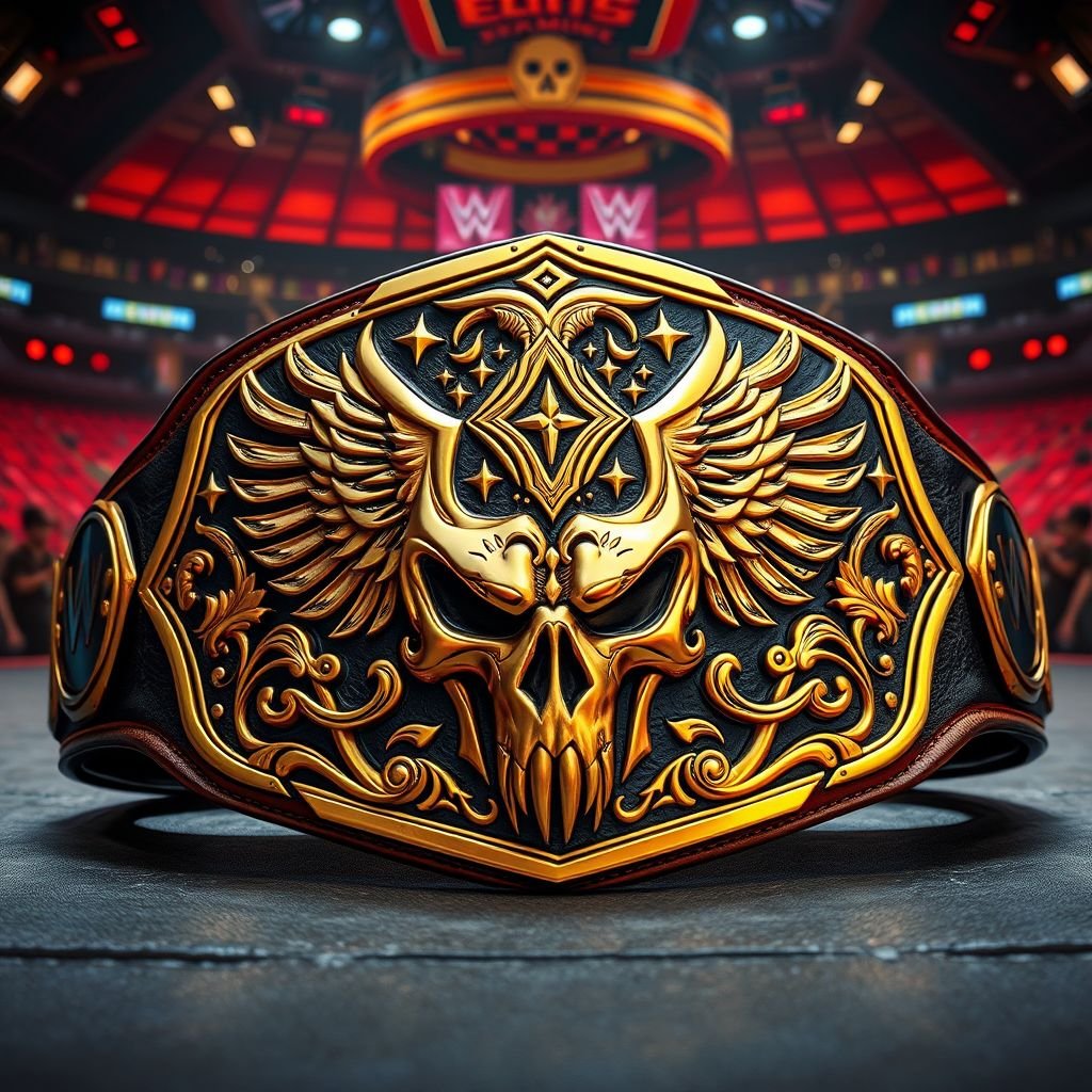 A grand wrestling belt rests proudly in the center of an elite gaming arena. Edgy, intricate plate design gleams with gold hues against rich leather. A black strap ties the bold design together. Graffiti art styles swirl around a formidable skull, embellished with striking phoenix crests and symbolic motifs.