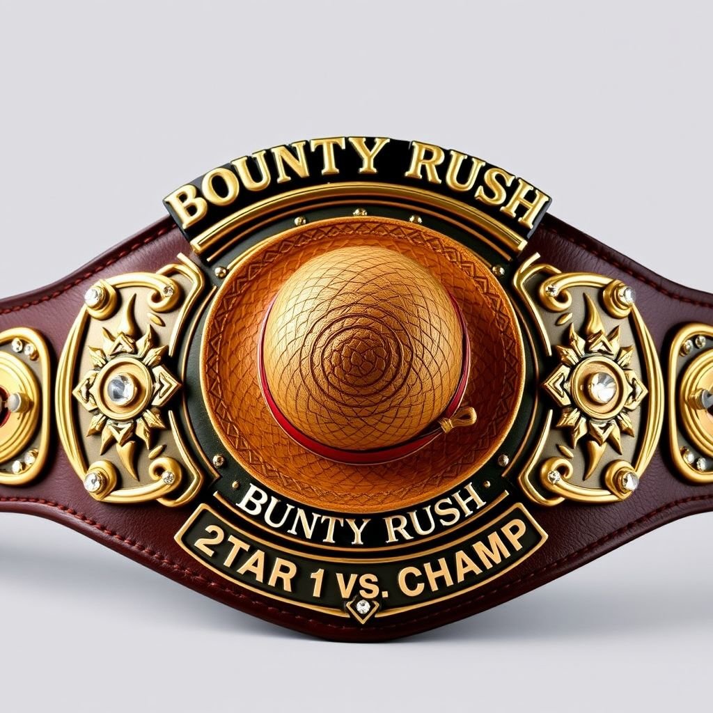 A championship wrestling belt centered with the iconic straw hat from "One Piece." Above, bold lettering reads "One Piece Bounty Rush," while below, "2 Star 1 vs 1 Champ" adorns the design. Rich brown leather strap, engraved plates, shimmering bronze accents, rhinestone gemstones twinkling, star crests, and intricate shield shapes.