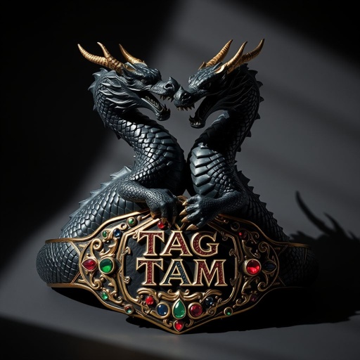 A pair of fierce dragons entwine, their scales gleaming with an intricate black finish. A tag team championship belt rests beneath them, forged in shimmering metal, adorned with vibrant jewel encrustations—rubies, sapphires, emeralds. Shadows cast dramatic shapes, capturing the essence of power and unity, a legendary emblem of competition.