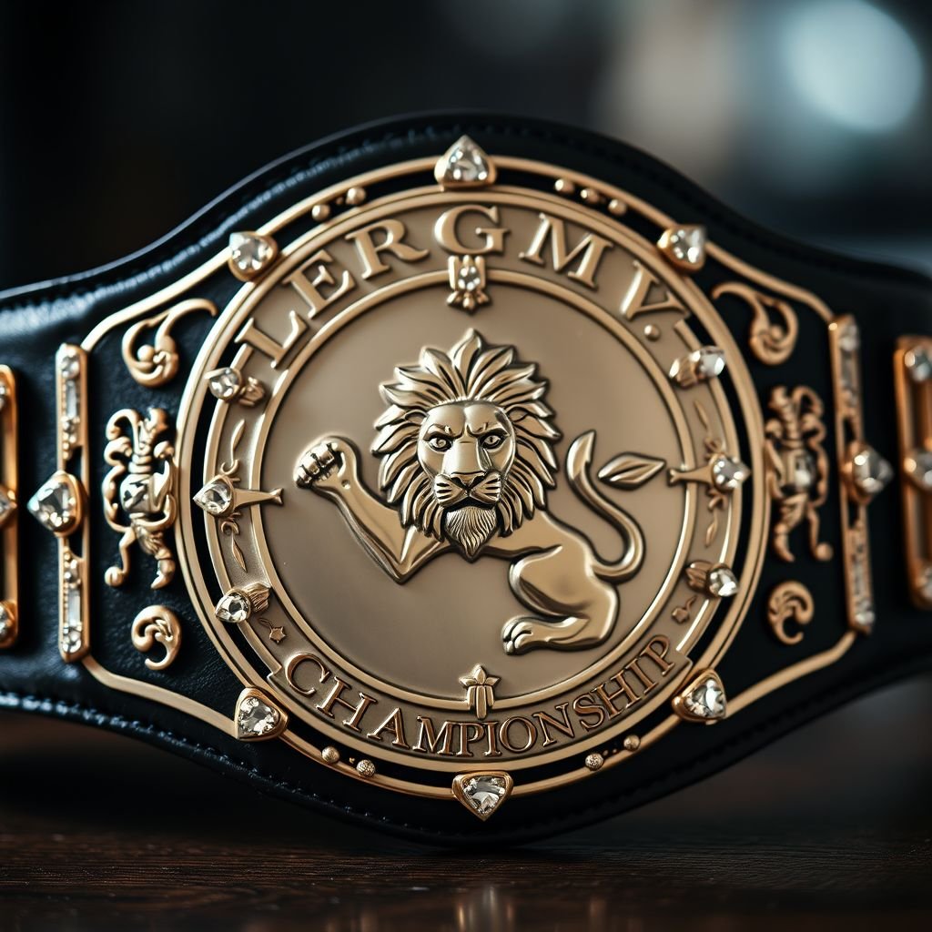 A regal wrestling belt with the bold inscription “Legacy Championship” elegantly displayed in intricate lettering. Crafted from supple black leather, the belt features a large circular silver plate, showcasing a magnificent lion champion design. Surrounding the lion, sparkling crystal gemstones adorn the engraved plate, complemented by ornate lion crests and symbols.