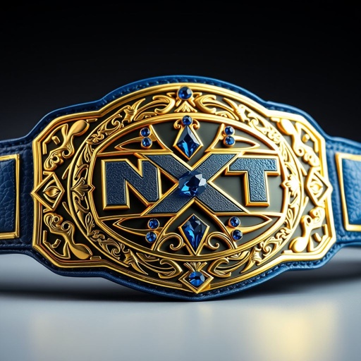 An NXT European Tag Team wrestling belt, characterized by luxurious leather material. A striking blue strap anchors the eye-catching design. An oversized oval plate gleams in radiant gold, adorned with intricate patterns. Nestled within, shimmering sapphire gemstones add a touch of elegance. All crafted in stunning, realistic art style.