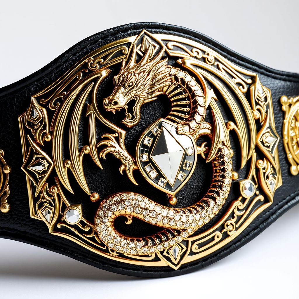 Wrestling belt featuring a fierce dragon entwined around the centerpiece. Luxurious black leather strap, adorned with intricate gothic art. Shimmering gold plate, embellished with sparkling rhinestone gemstones. Bold shield crests and mystical symbols, representing strength and power. Edgy plate design, captivating adult-sized accessory, embodying a fierce champion's spirit.