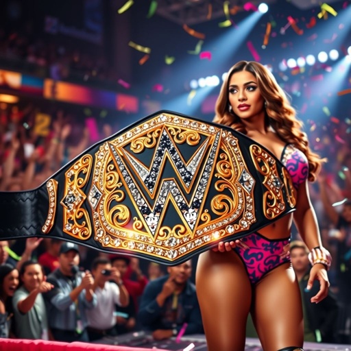 A dazzling wrestling belt adorned with intricate golden designs, glimmering under bright arena lights. The centerpiece features a bold “M” emblem, styled in luxurious silver. Satin black straps accentuate the elegance. Nearby, Mercedes Moné stands confidently, her vibrant outfit radiating charisma, surrounded by a flurry of colorful, cheering fans and sparkling confetti.