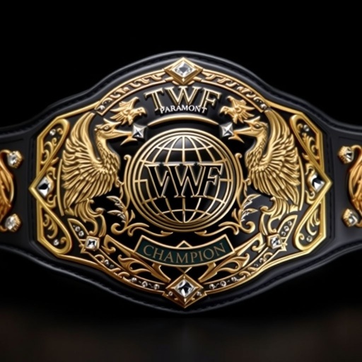 A striking wrestling belt showcasing the VWF Paramount championship. A black metal center plate adorned with intricate gold and white engravings. Sleek leather belt material with a deep black strap. Oval plate shape gleams, featuring a globe champion design. Diamond gemstones shimmer, flanked by majestic phoenix crests and symbols. Bold and powerful.