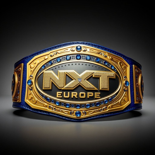 A prestigious wrestling belt highlighting the NXT Europe Tag Team championship. Leather material exudes luxury, featuring a vibrant blue strap. An oval plate dominates the center, shimmering in gold, intricately adorned with sapphire gemstones. The oversized structure enhances grandeur, capturing the essence of modern artistry, emulating a sense of victory and excellence.