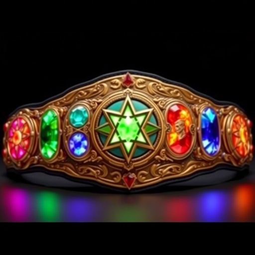 A dazzling wrestling belt titled "Infinity Title," inspired by the Infinity Gauntlet. Rich, metallic gold base with intricate etchings. Five vibrant side plates, each housing a glowing gemstone: mind, power, space, time, and soul. An imposing black leather strap, adorned with shimmering accents. Emblems of lucha libre and cosmic elements entwined.