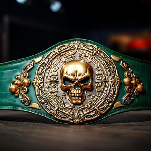 A championship wrestling belt, extraordinary and bold. Green leather strap, smooth yet rugged. Circular bronze plate, gleaming under bright lights. Classic design elements engraved meticulously, intricate details highlighting a menacing skull at the center. Edges adorned with ornate flourishes, reflecting a rich history. An emblem of triumph and dominance in the extreme world.