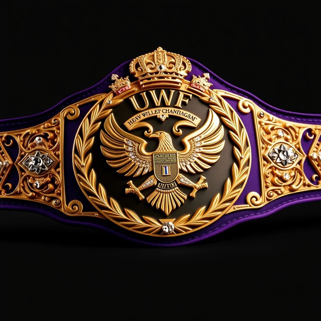 A UWF World Heavyweight Championship wrestling belt exhibits a striking dark purple strap, exuding elegance and power. The large main plate, a darker gold, features intricate eagle and laurel motifs, glimmering with diamond gemstones. Vintage design elements showcase an elaborate plate shape, crowned with regal crests and symbols, embodying championship prestige.