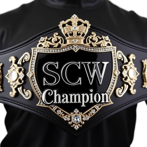 A majestic wrestling belt, SCW Champion, crafted from premium leather. A sleek black strap adorned with a striking shield-shaped plate. The plate gleams in deep black, showcasing elegant text reading “Champion.” Dazzling crystal gemstones embellish the design. Grand size, crowned by intricate crests and symbols, reflecting glory and achievement.