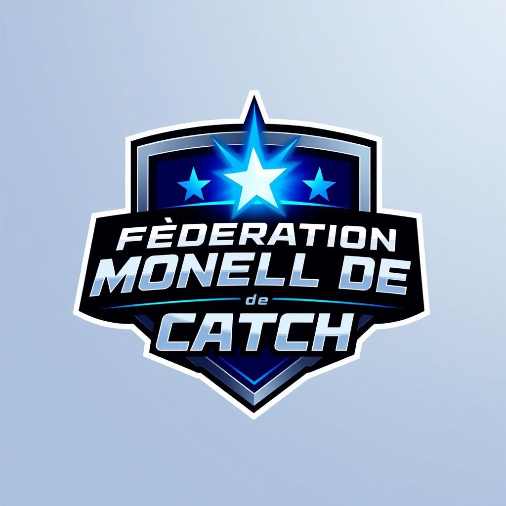Logo design featuring the Fédération Mondiale de Catch, a sleek brandmark emblem incorporating a futuristic text font. A modern color scheme of electric blue and silver, bold square logo shapes, and dynamic star icon imagery, exuding energy and innovation. The overall aesthetic reflects a progressive, cutting-edge wrestling federation identity.