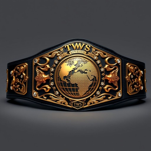 A wrestling belt, TWS Sovereign World Championship. Luxurious black leather strap, opulent matte finish. Intricate gold plate, elegant, and unique shape. A globe champion design embossed, adorned with sparkling diamond gemstones. Large size, showcasing grandeur. Hammer crests and symbols engraved, representing strength and unity. A perfect blend of artistry and power.