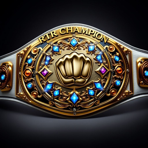 A luxurious wrestling belt, RTR CHAMPION emblazoned prominently. Sleek white leather strap, smooth texture. Oval-shaped gold plate, polished, shimmering with elegance. A powerful fist champion design at the center, surrounded by intricate shield crests and symbols. Glimmering agate gemstones embedded, adding brilliance. Realistic art style captures every detail, exuding prestige and strength.