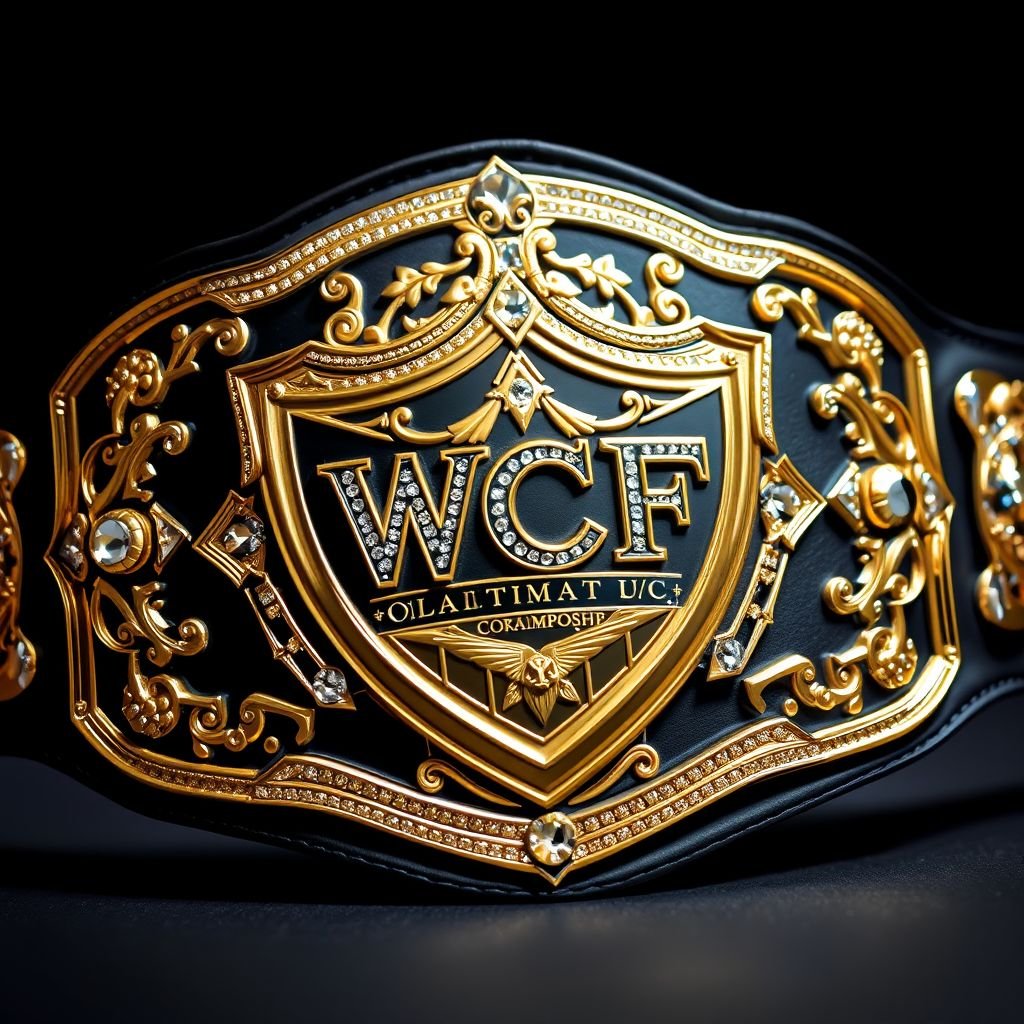 Intricately designed wrestling belt, WCF Ultimate Championship gleaming under light, luxurious black leather strap, smooth and supple, shield-shaped gold plate dominating the center, detailed modern engravings, sparkling diamond gemstones embedded, reflecting brilliance, elegant symmetry, bold lettering announcing the championship, rich textures, vivid colors, sophistication radiating from every element, celebrating athletic excellence.