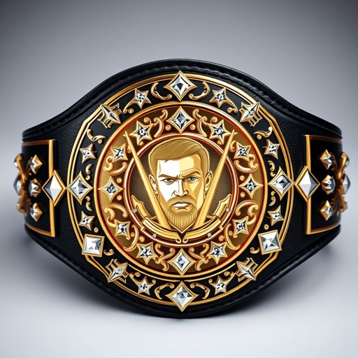 A wrestling belt adorned with a sleek black leather strap. At its center, a bold diamond plate, artistically crafted in abstract style. A gleaming gold plate showcases a striking portrait of the champion, surrounded by intricate star crests and symbols. Dazzling diamond gemstones embellish the design, enhancing its edgy appeal.