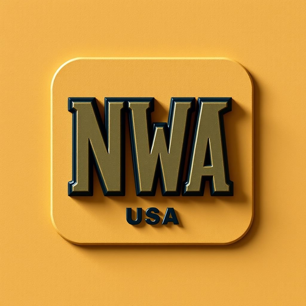 Stylized NWA logo, bold lettering conveying strength. Modern aesthetic, simple yet striking design. Earthy color palette of deep browns, warm ochres, and muted greens. Square shape enhances symmetry, balanced composition. 3D texture provides depth, subtle shadows highlighting contours. Contemporary vibes fused with authenticity, embodying the spirit of NWA USA.