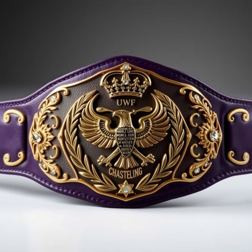 A prestigious wrestling belt, UWF World Heavyweight Championship. Dark purple leather strap, vast and imposing. Main plate, a rich, darker gold, adorned with intricate eagle and laurel motifs. Elegant curves define the vintage plate design, shimmering diamond gemstones embedded within. Crown crests and symbols evoke grandeur, a true champion’s emblem.