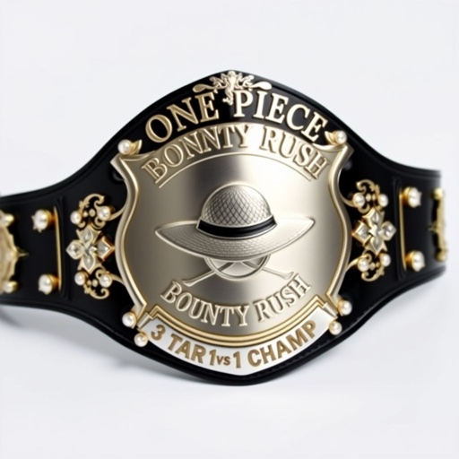 Wrestling belt, glossy vinyl material, black strap, shield plate design, silver engraved plate, straw hat from "One Piece" at center. Above, bold text reads "One Piece Bounty Rush." Below, "3 Star 1 vs 1 Champ." Adorning the edges, shimmering pearl gemstones, intricate star crests, and symbolic accents, large, majestic presence.