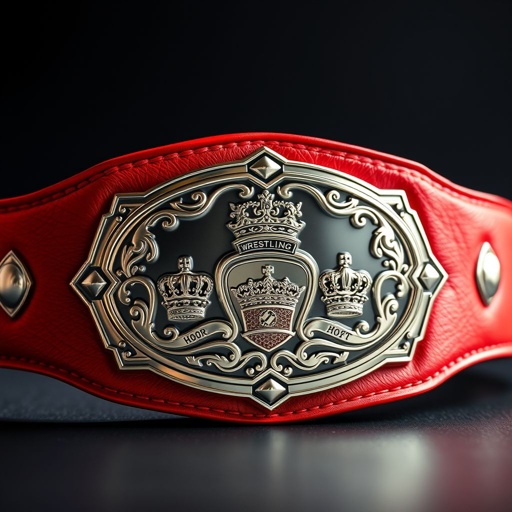 A wrestling belt adorned with an elegant leather material, featuring a vibrant red strap. The centerpiece, an oval silver plate, gleams under bright lights, showcasing intricate crown crests and unique symbols that represent honor and achievement. Modern plate design complements the detailed craftsmanship, creating a striking visual centerpiece for champions.
