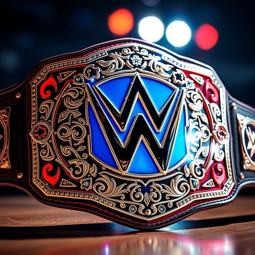 A dazzling wrestling championship belt, showcasing intricate engravings of dynamic patterns and symbols representing global icons. A sleek, modern design glistens under bright lights, adorned with vibrant colors of electric blue and fiery red. The luxurious leather strap, rich and textured, contrasts strikingly with the bold metallic elements, exuding an aura of fierce competition.