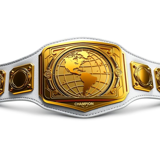 An extravagant wrestling belt, embodying the title of "Outercontinental Champion." Crafted from luxurious leather, featuring a pristine white strap. A modern rectangular plate glimmers in gold, showcasing a detailed globe champion design. The realistic art style highlights the belt's extra-large size, devoid of any crests or gemstones, emphasizing its sleek elegance.