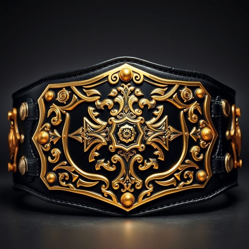 A wrestling belt, exuding an aura of toughness, crafted from rich black leather. A striking gold plate gleams, featuring intricate, aggressive designs. Cross crests and unique symbols adorn the edges, showcasing a fierce champion's honor. The belt’s matte texture contrasts with the brilliant shine, encapsulating the spirit of deathmatch glory.