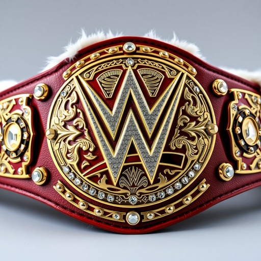 A gleaming wrestling belt, adorned with intricate gold and silver patterns, centered around a vibrant, oversized WWE logo. Rich, deep red leather straps, contrasting with metallic studs, emphasize strength. Gem-encrusted side plates reflect a history of champions, while a faux fur lining adds a touch of flair, embodying a modern yet classic design.