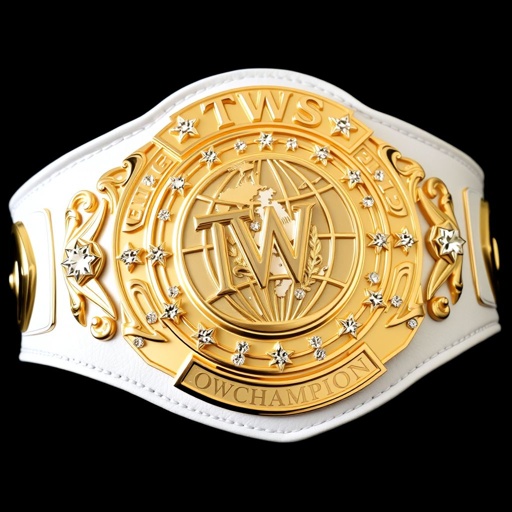 A stunning wrestling belt, the TWS Women's Sovereign World Championship. Luxurious leather material, pristine white strap. An intricate plate shape adorned with shimmering gold. A captivating globe champion design, embellished with radiant diamond gemstones. Large in size, complemented by exquisite star crests and symbolic motifs, a true emblem of greatness and achievement.
