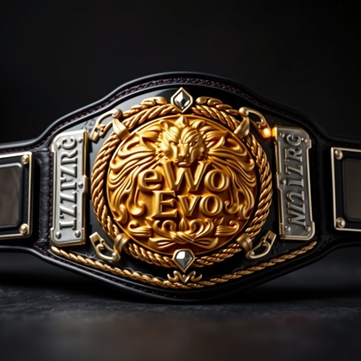 Wrestling belt, an intricately designed eWo Evolution Championship belt. Central plate showcasing a bold, golden lion emblem with "eWo Evo." Raised patterns of intertwining ropes and metallic accents, black leather strap, silver buckle. Shiny silver nameplates flanking the plate, glowing metallic details, dark muted background, an air of prestige and grandeur.