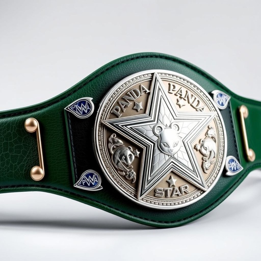 A luxurious wrestling belt, highlighting the title "PANDA Rising Star." Exquisite leather material, elegant green strap, a captivating star-shaped plate in a gleaming silver finish. Intricate engravings embellishing the plate, showcasing panda motifs and shimmering accents. A bold statement piece celebrating a champion’s journey, combining strength, style, and an undeniable charm.