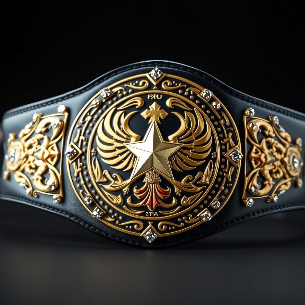 An imposing wrestling belt with a glossy black leather strap. A classic circular plate features intricate graffiti art, showcasing a star champion design. Gold elements gleam under light, accented by vibrant phoenix crests and symbols. Sparkling crystal gemstones embedded around the edges, signifying power and prestige. Extra-large, bold, distinctive, fierce.