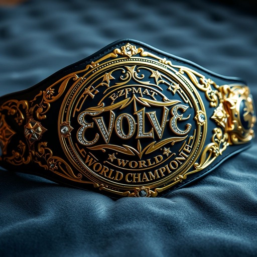 A luxurious wrestling belt rests on a velvet surface. "EVOLVE" emblazoned in intricate gold script atop a vintage circular plate, "World Championship" elegantly displayed beneath. A deep black leather strap contrasts the gleaming gold, adorned with diamond gemstones. Star crests and symbols add regal flair, emphasizing the globe champion design, expertly crafted.