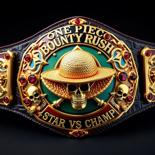 A luxurious wrestling belt crafted from alligator skin, shimmering gold accents, gleaming multicolor plates. A prominent straw hat centered, emblematic of “One Piece.” Above, the bold words “One Piece Bounty Rush.” Below, “4 Star VS Champ iFeedYouLead.” Skull crests, intricate symbols, ruby gemstones sparkling, detailed craftsmanship, large-scale design, opulent aesthetics.
