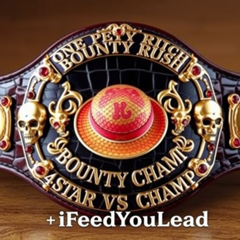 An extravagant wrestling belt, alligator skin texture enveloping the surface. Center, a vibrant straw hat, emblematic of “One Piece,” adorned with the title “One Piece Bounty Rush” overhead. Below, elegant lettering proclaims “4 Star VS Champ iFeedYouLead.” Gold luxury plates gleaming, multicolor hues accented by ruby gemstones, imposing skull crests framing the design.