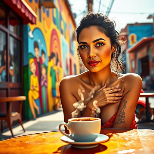 A Latina woman sits alone on a vibrant, colorful street, surrounded by lively murals depicting friendship and joy. Her expressive eyes reflect a sense of longing, while warm sunlight bathes her. Nearby, a small café buzzes with laughter. A forgotten cup of coffee rests on her table, steam rising gently.