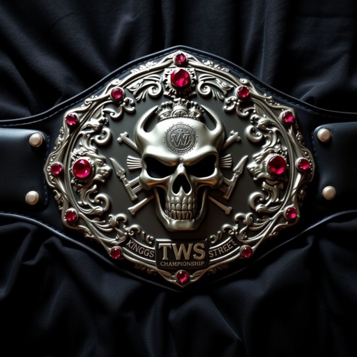 A grand wrestling belt sprawled across a black velvet surface, the leather strap matte and supple. An intricately engraved silver plate shines, serrated edges framing a fierce skull centerpiece. Ruby gemstones glimmer in the light, accentuating bold lion crests. The TWS King of the Streets Championship emblem commands attention, a symbol of power.