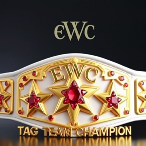 A prestigious wrestling belt, an EWC championship, designed for tag teams. Above, the initials "EWC" adorned in an elegant font. Below, "Tag Team Champion" in bold lettering. Luxurious gold plates shaped like stars, embedded with sparkling ruby gemstones. A soft, white cloth strap complements the exquisite design, exuding championship glory.