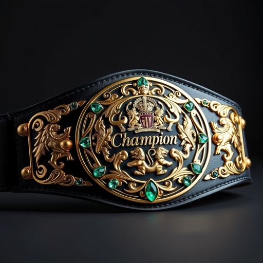 A wrestling belt with a luxurious leather strap, deep black in color. Its centerpiece, a striking circular plate, glimmers in gold, adorned with intricate lion crests and regal symbols. The word “Champion” elegantly etched, flanked by vibrant emerald gemstones, radiates a sense of prestige. Medium size, opulent classic elegance.