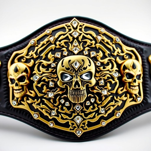 A luxurious wrestling belt, crafted from rich black leather. The centerpiece showcases a serrated gold plate, adorned with intricate graffiti art featuring bold skulls. Diamond gemstones glimmer amidst the designs, accentuating the championship aura. Flanking the plate, bold skull crests and symbols radiate power and dominance, epitomizing victory and prestige.