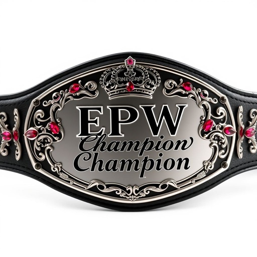 A striking wrestling belt, EPW Women’s Champion. Luxurious leather material, deep black strap. Classic oval plate, gleaming silver finish. Text “Champion” elegantly engraved. Dazzling ruby gemstones embedded, medium-sized. Ornate crown crests and symbols, showcasing prestige and strength. Realistic art style, highlighting exquisite details and craftsmanship, exuding power and elegance simultaneously.