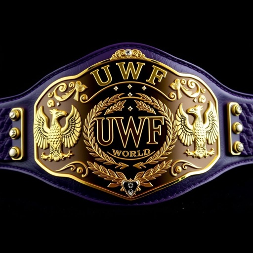 A striking wrestling belt, the UWF World Heavyweight Championship, showcases a deep purple leather strap. An intricately engraved, darker gold main plate commands attention, adorned with four small gold side plates featuring laurel motifs. Diamond gemstones glisten within the elaborate design, flanked by majestic eagle crests, embodying grandeur and legacy.