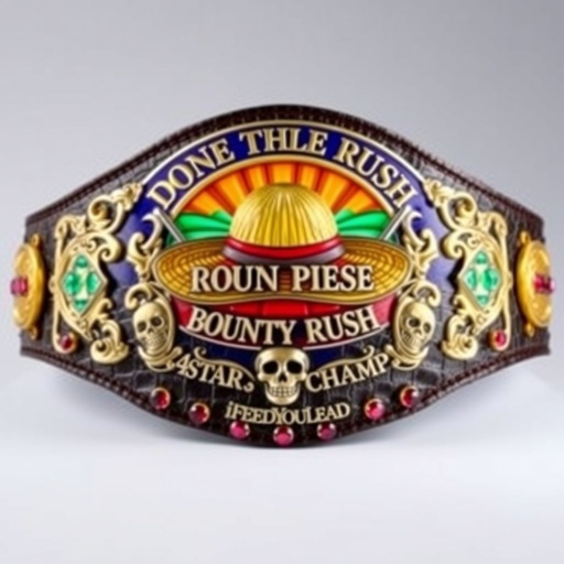 A wrestling belt crafted from alligator skin, luxurious and imposing. A vivid, multicolored plate showcases a straw hat from "One Piece," with "One Piece Bounty Rush" elegantly arched above. Below, "4 Star VS Champ iFeedYouLead" gleams, surrounded by ornate skull crests. Ruby gemstones accentuate the striking gold strap, radiating prestige.