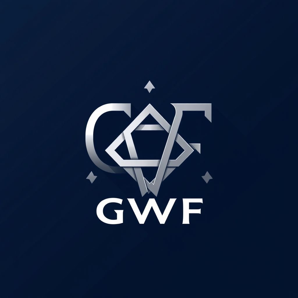 Logo design featuring the initials "GWF" intertwined, symbolizing strength and unity. Bold lines and geometric shapes create a dynamic composition. A dark blue background highlights silver accents. Subtle European motifs weave through the design. Minimalistic complexity echoes a modern aesthetic, appealing to fans worldwide. Clean typography, robust and impactful, completes the image.