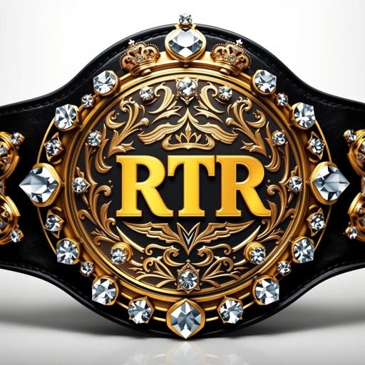 A prestigious wrestling belt, RTR Champion emblazoned on a gleaming gold circular plate, features an intricately engraved design. Surrounding the black leather strap, large diamond gemstones shimmer. The extra-large belt showcases ornate crown crests and symbols, a testament to victory and honor. Realistic art style captures every detail, exuding excellence.