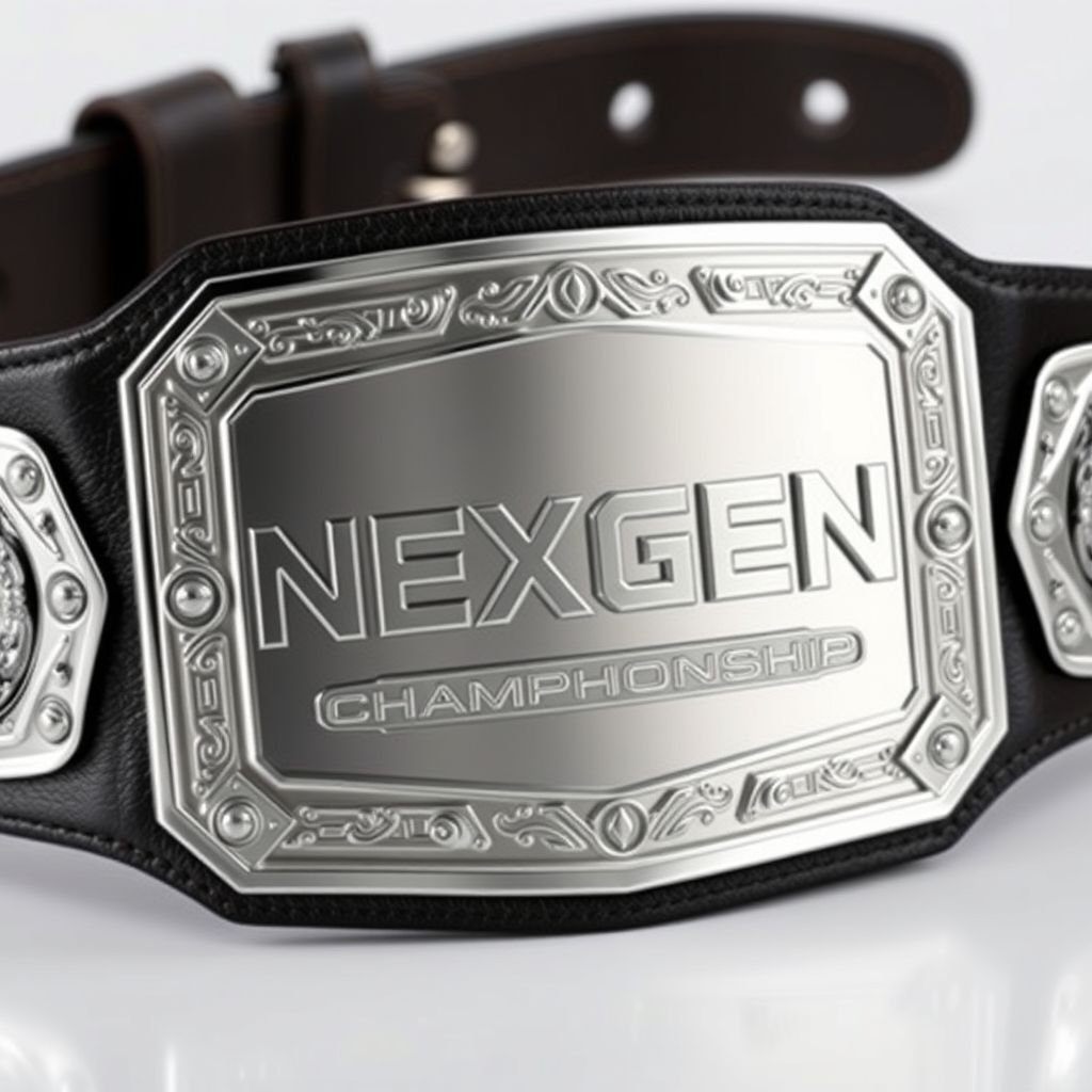 A NEXGEN championship wrestling belt, a luxurious leather belt material, exuding strength and prestige. The modern plate design features an elegant rectangular shape, gleaming in silver. Accents of intricate engravings adorn the surface, showcasing the championship title. The overall aesthetic embodies a blend of contemporary style and traditional craftsmanship.