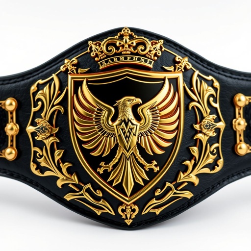 A championship wrestling belt, crafted from luxurious black leather, features an intricately designed plate with sharp, edgy contours. A gleaming gold shield-shaped plate showcases a majestic golden eagle, symbolizing victory. Bold crown crests and gothic motifs embellish the belt, exuding a sense of grandeur. Extra-large size, perfect for champions.