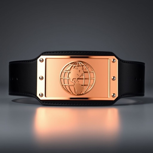A striking wrestling belt with a black leather strap, showcasing a modern rectangular plate in luminous rose gold. The extra-large design features a globe champion motif, emphasizing victorious achievement. The sleek, polished finish reflects light, creating an elegant contrast with the matte strap. An iconic piece symbolizing strength and determination.