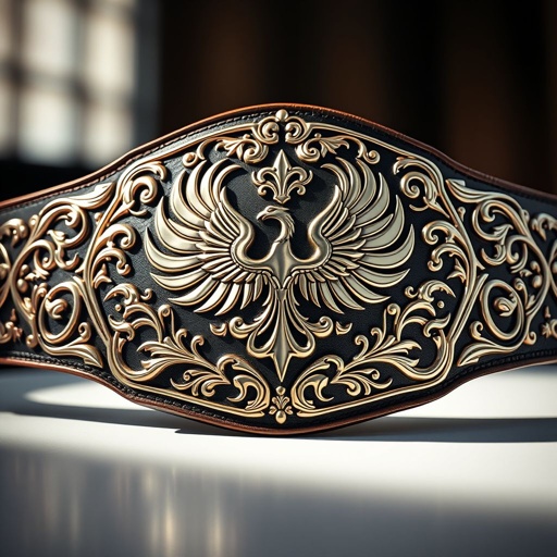 A gleaming wrestling belt showcasing a classic plate design, adorned with intricate, swirling patterns characteristic of Art Nouveau. The polished metal gleams under soft light, highlighting elegant curves. Phoenix crests rise majestically at the center, surrounded by ornate flourishes and delicate symbols of strength and rebirth, embodying the spirit of competition.