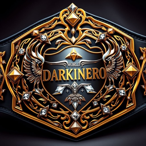 A stunning World Heavyweight Championship wrestling belt, center adorned with the name "Darkinero." Crown details intricately designed, polygonal patrons framing a modern shield plate. A luxurious black cloth strap complements the gold plate, shimmering with diamond gemstones. Phoenix crests and symbols embellish the design, emphasizing strength and triumph. Realistic art style enhances every detail.